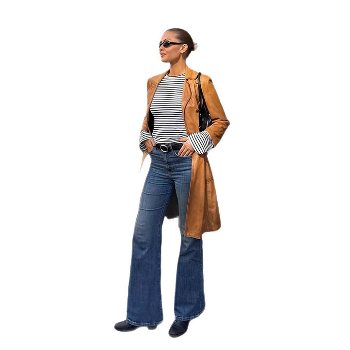 Women's Longer Tailored Leather Trench Coat with Double-Breasted Button Placket and Notched Collar Amarae