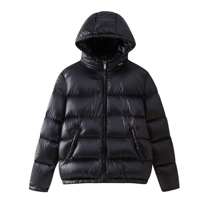 Ladies quilted winter down jacket with hood and practical entry pockets Lune London