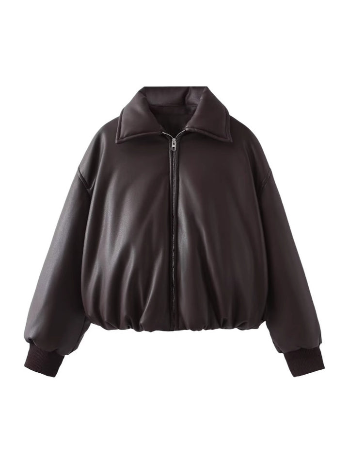 Fashionable faux leather jacket for women with elastic waist and high collar Lune London
