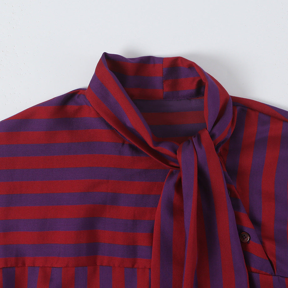 Women's Striped Long Sleeve Blouse with Bow Collar and Casual Fit Amarae