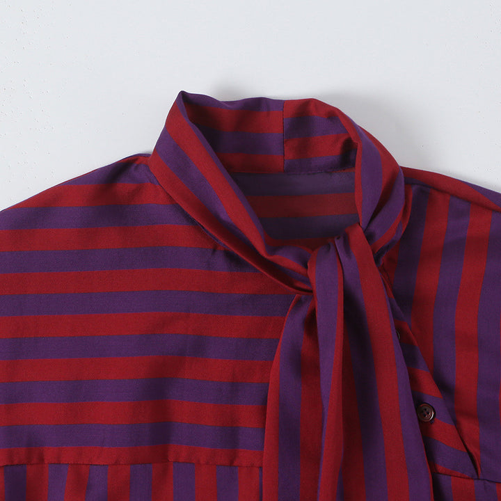 Women's Striped Long Sleeve Blouse with Bow Collar and Casual Fit Amarae