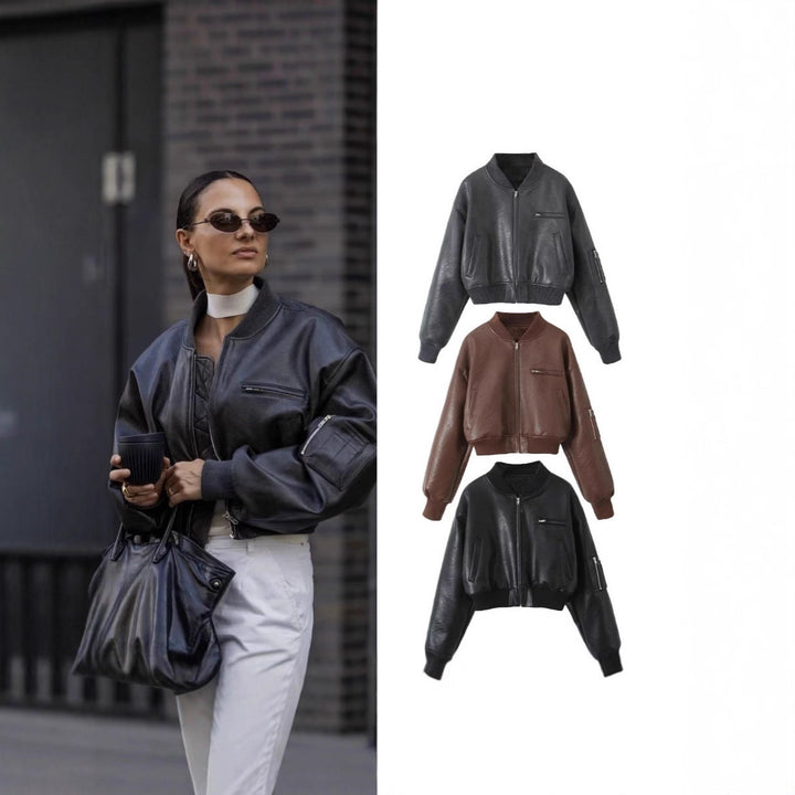 Women's leather bomber jacket with innovative zipper detail Lune London