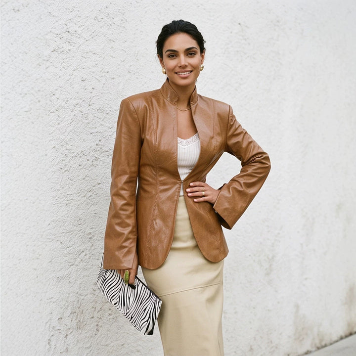 Women's tailored vegan leather blazer with sculpted seams and stand-up collar Amarae