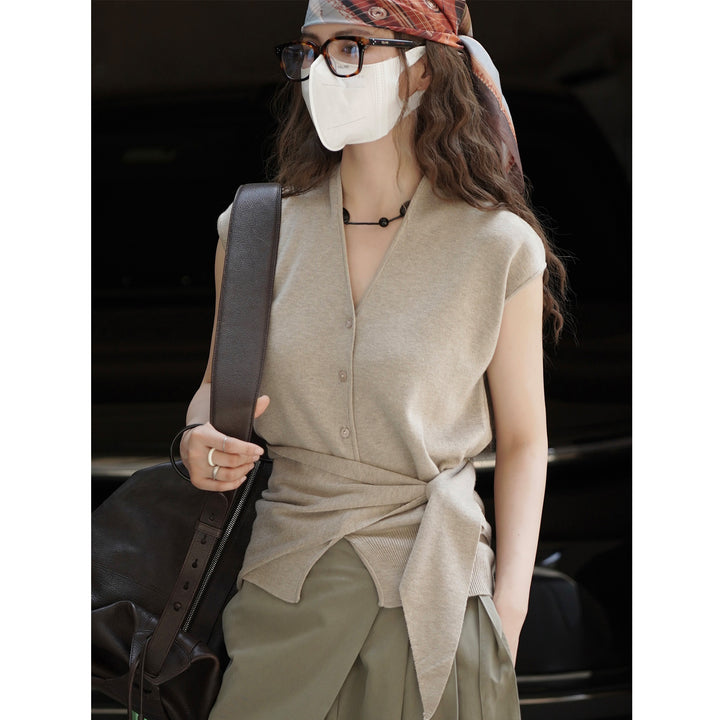 Women's Sleeveless Fine Knit Vest with V-Neck, Button Placket and Tie Waist Amarae
