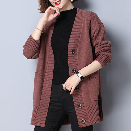 Ladies comfortable knitted cardigan with deep ribbed pattern and practical pockets Amarae