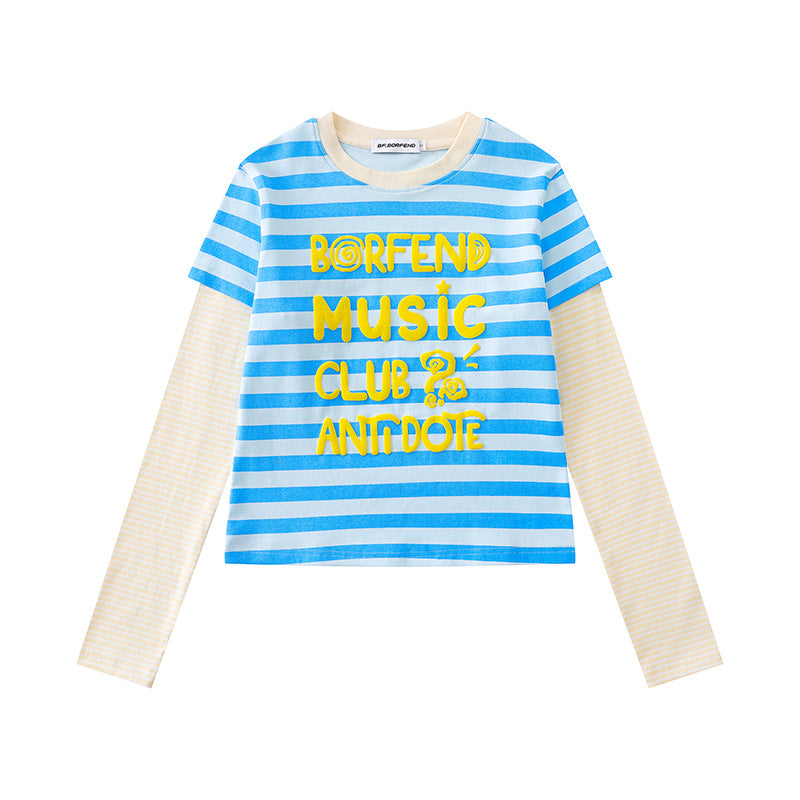 Women's Layered Long Sleeve Shirt in Layer Look with Contrasting Striped Sleeves and Typographic Print Amarae
