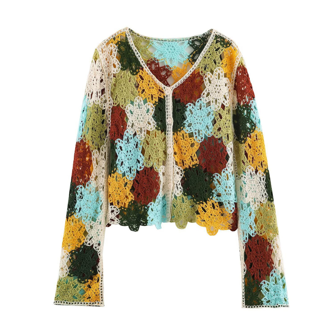 Women's Lightweight Crochet Cardigan with Floral Crochet Patterns and Button Placket Amarae