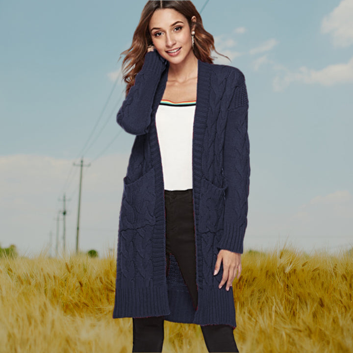 Ladies chunky knit cardigan with deep pockets and decorative relief pattern Lune London