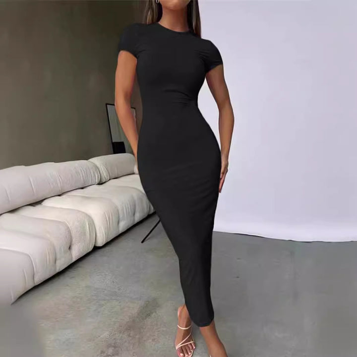 Fitted midi dress for women with short sleeves and round neckline Lune London