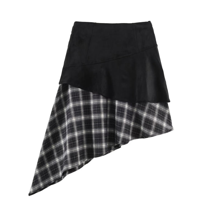 Women's asymmetrical layered skirt with faux leather overlay and checked chiffon ruffle Amarae