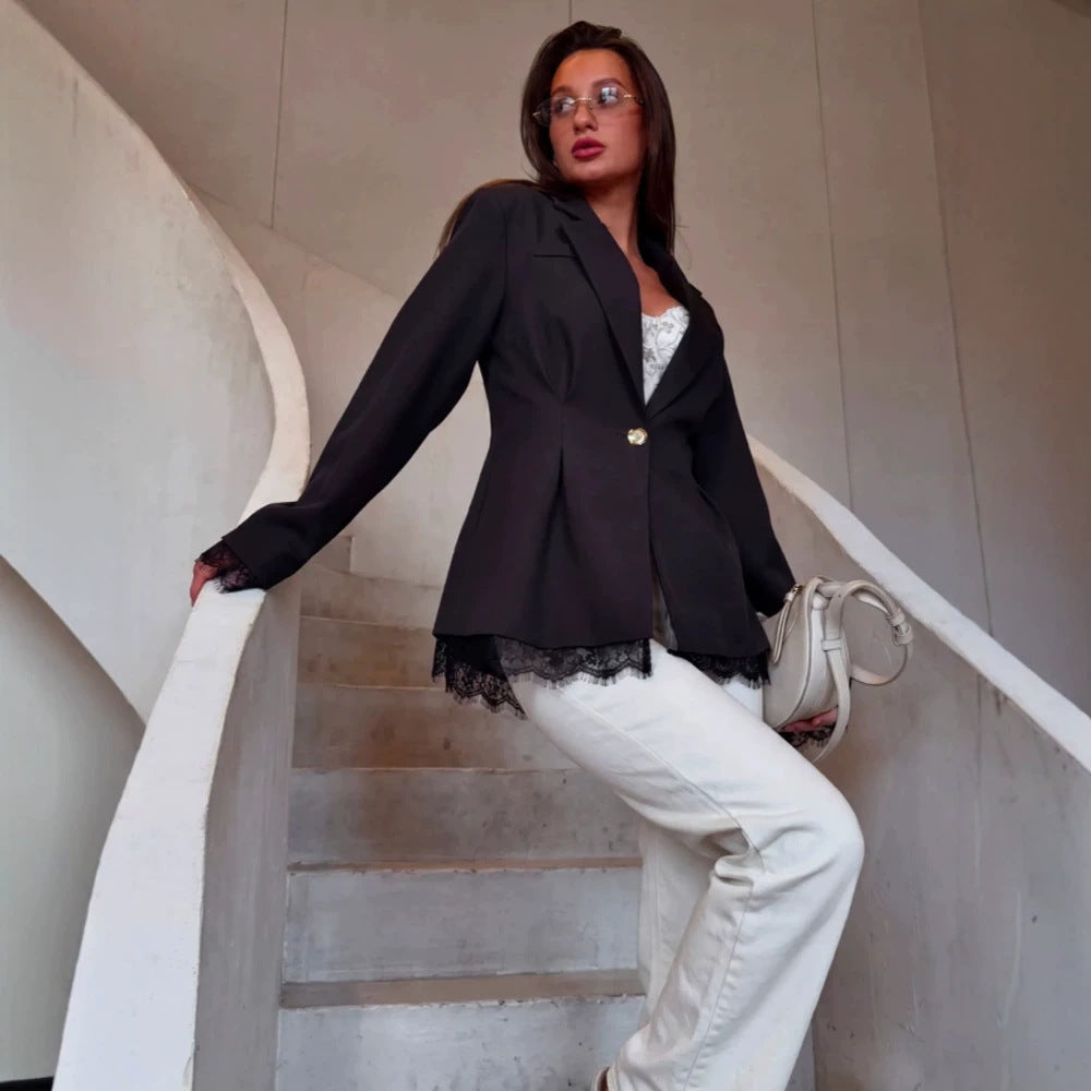 Women's Tailored Blazer with Lace Trim, Structured Shoulder and One-Button Closure Amarae