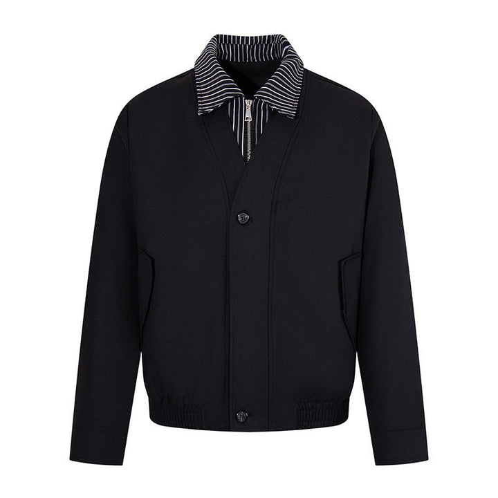 Men's short-cut blouson jacket with striped inner collar, concealed two-way zipper, and elastic hem Amarae