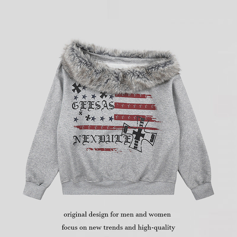 Women's Off-Shoulder Sweatshirt with Fake-Fur Collar, Relaxed Fit and Vintage Flag Print Amarae