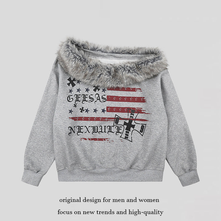 Women's Off-Shoulder Sweatshirt with Fake-Fur Collar, Relaxed Fit and Vintage Flag Print Amarae