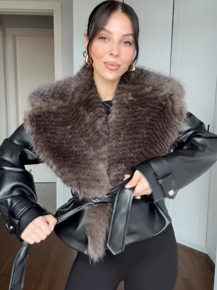 Women's short jacket in biker blouson style made of imitation leather with voluminous faux fur shawl collar and waist belt Amarae