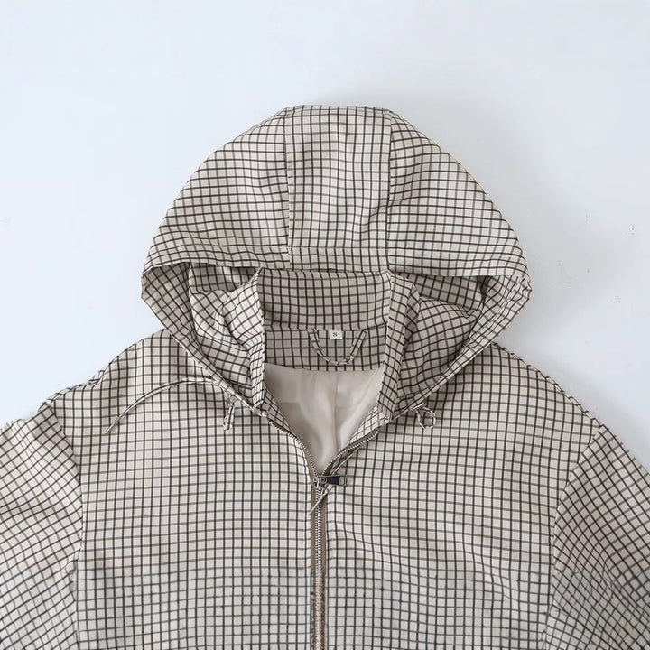 Women Lightweight Hooded Boxy Transitional Jacket with Check Grid Print, Drawstring and Elastic Cuffs Amarae