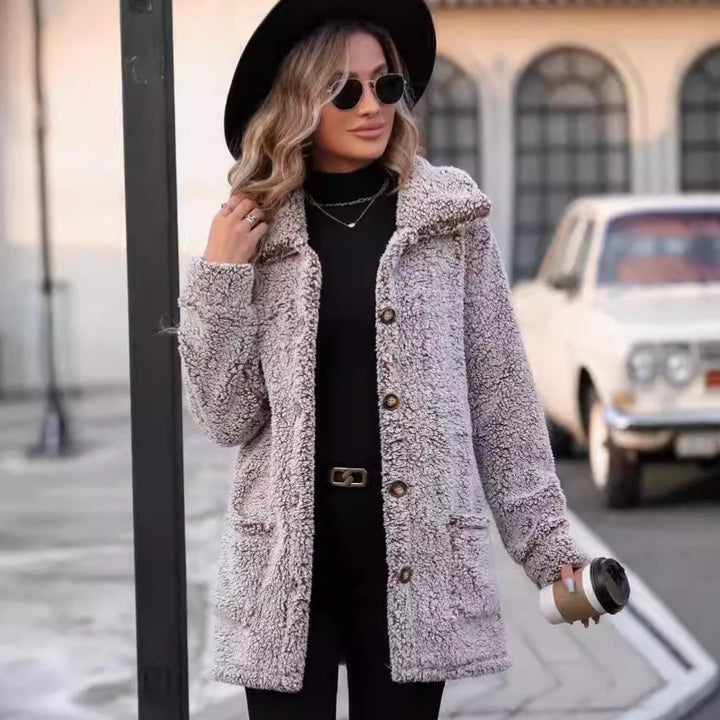 Women Soft Transition Jacket with Large Patch Pockets and Chic Button Details