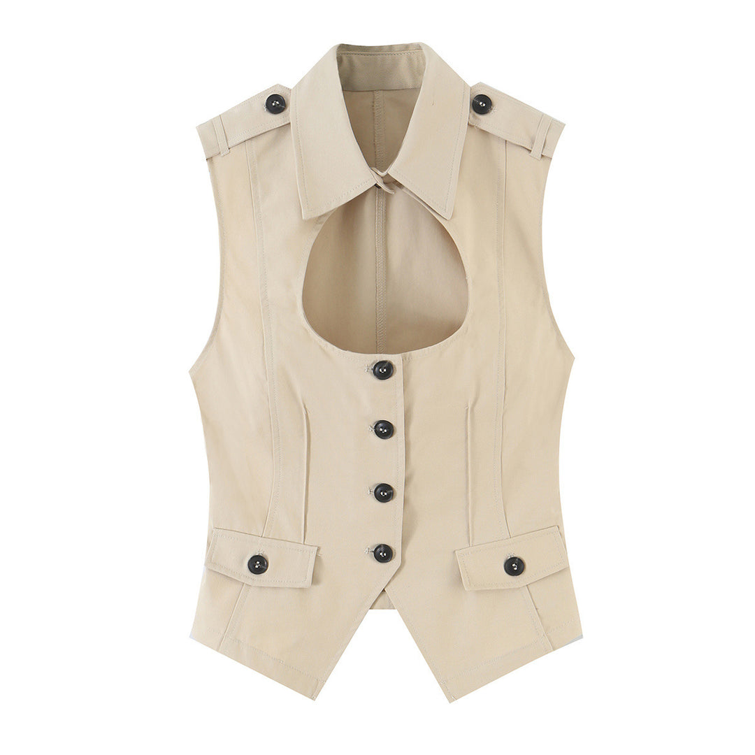Women's sleeveless tailored trench vest with cut-out, shoulder flaps, and flap pockets Amarae