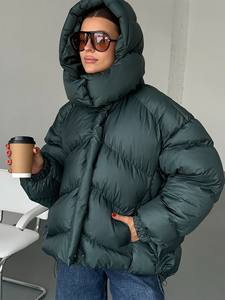 Ladies short puffer jacket with thermal filling, oversized hood & concealed two-way zipper Amarae