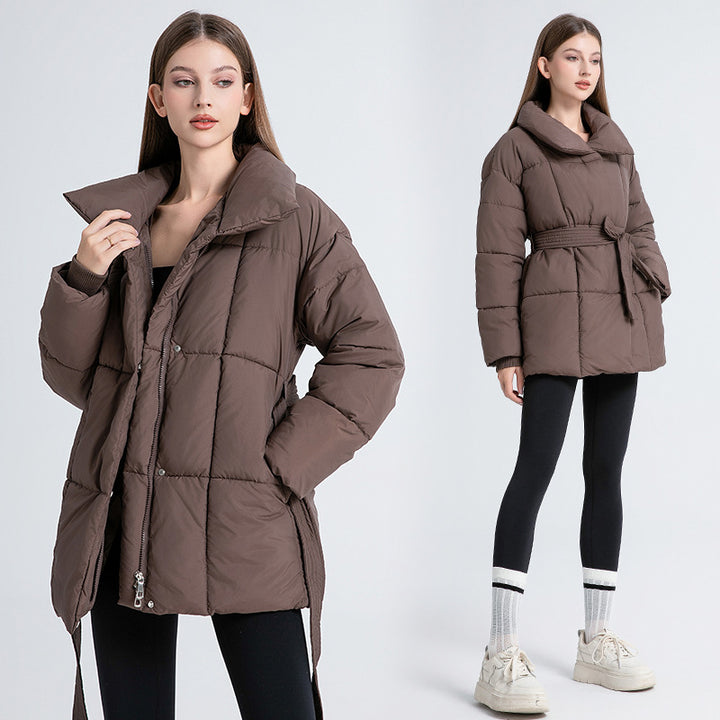 Ladies comfortable and elegant down jacket with belt and high collar Amarae