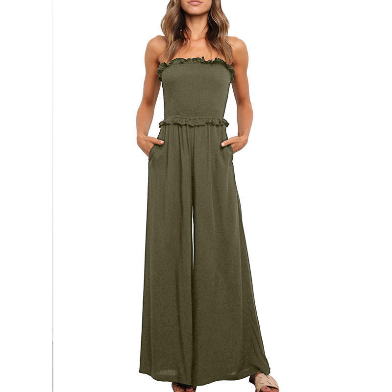 Strapless jumpsuit for women with wide legs and ruffled trim Lune London