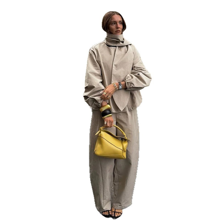 Women's Two-Piece Oversized Pant Suit Set with Asymmetrical Stand Collar Amarae