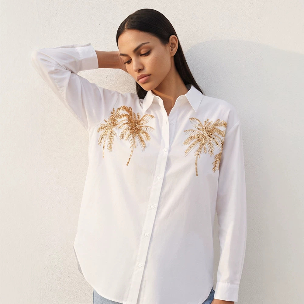 Women's shirt blouse with sequin palm appliqué, oversized cut & classic collar Amarae