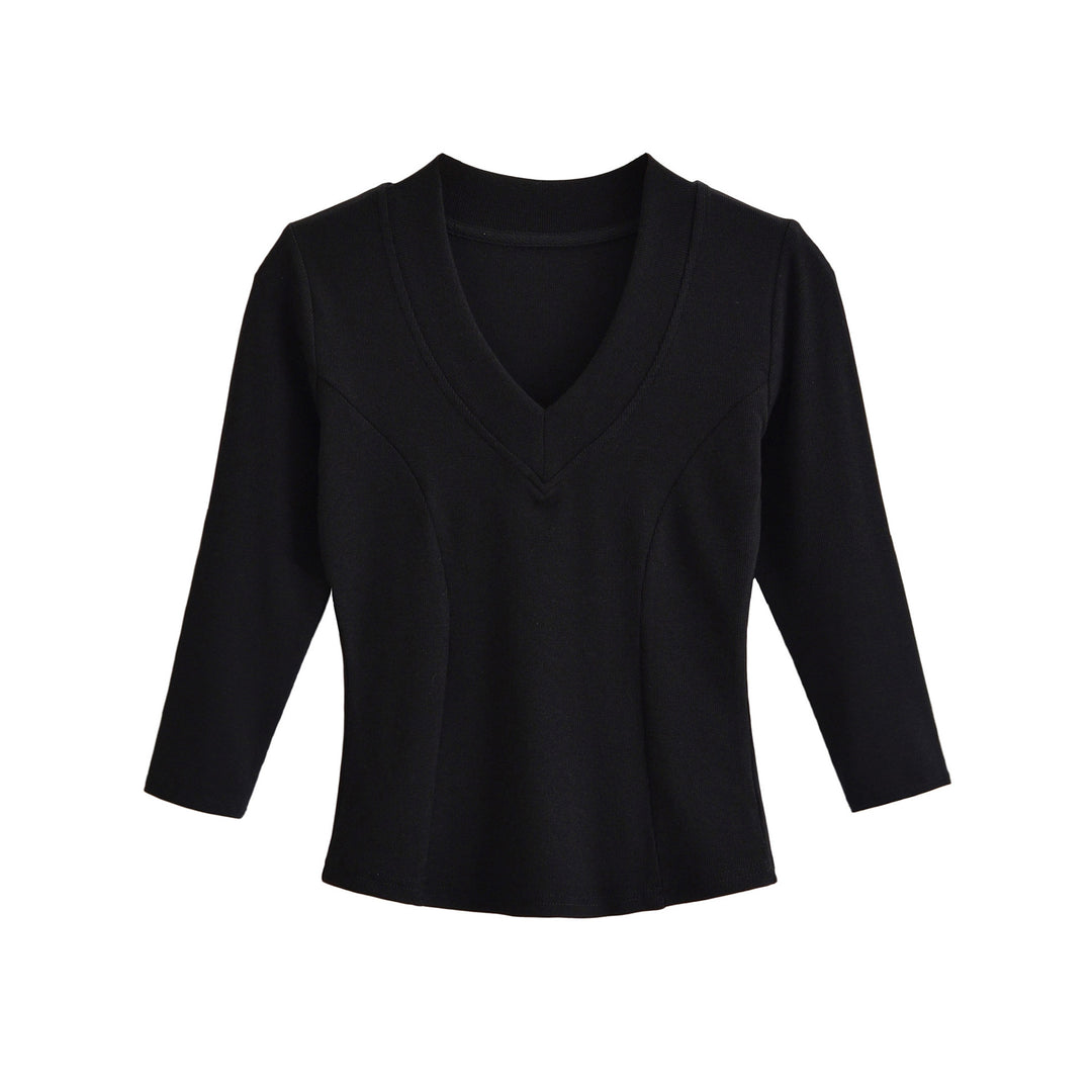 Women's Ribbed Long Sleeve Shirt with V-Neck and Tailored Fit Amarae