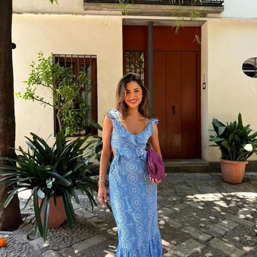 Maxi dress for women with ruffle details and floral pattern Amarae