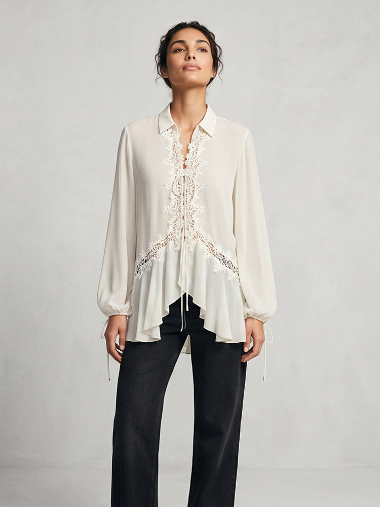 Women Transparent Chiffon Blouse with Lace Trim, Tie Band & Asymmetrical Ruffle Hem Amarae
