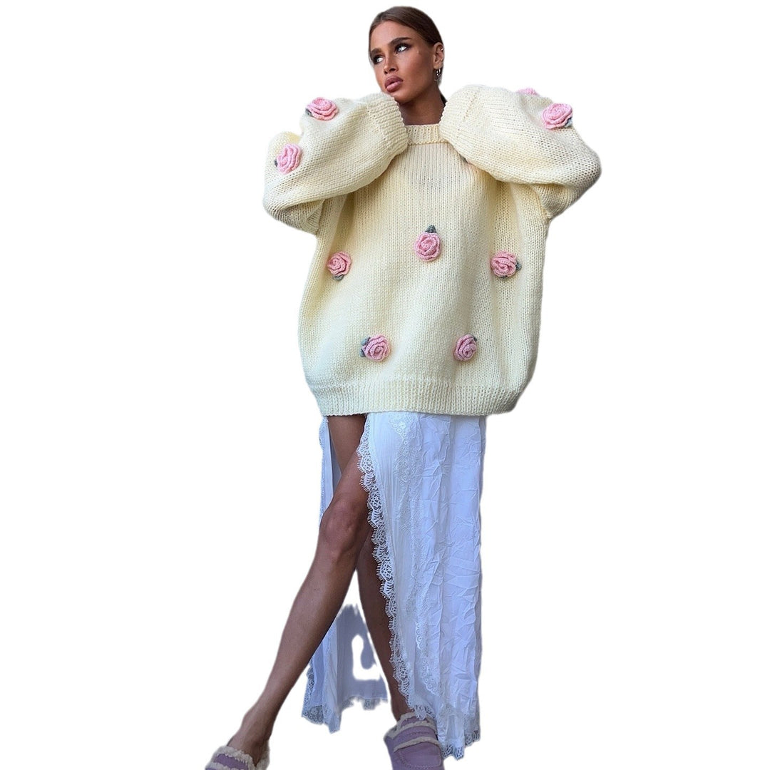 Knit sweater for women with floral appliqués and a relaxed fit Lune London