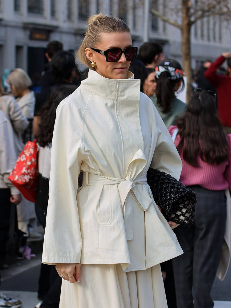 Women's Boxy Short Coat with High Stand Collar and Tied Belt Amarae