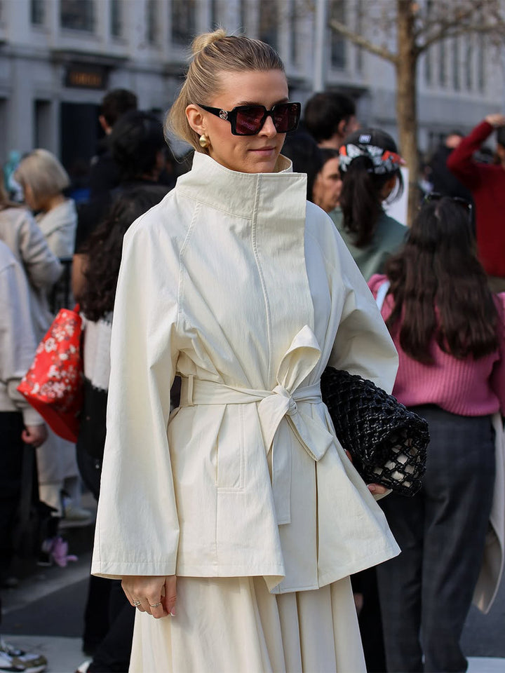 Women's Boxy Short Coat with High Stand Collar and Tied Belt Amarae