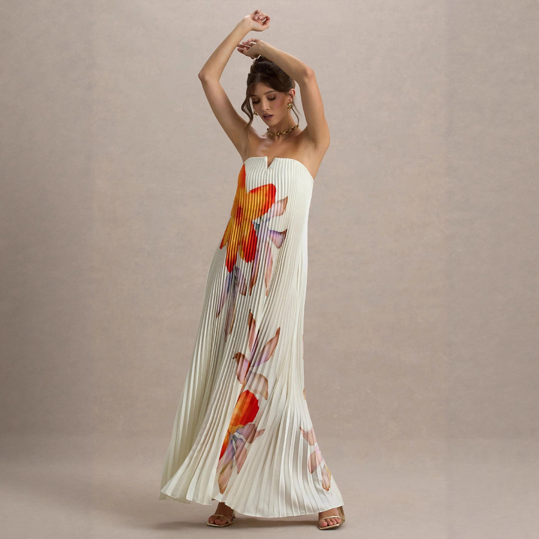 Elegant pleated dresses for women with floral design and strapless neckline Chic & Stil