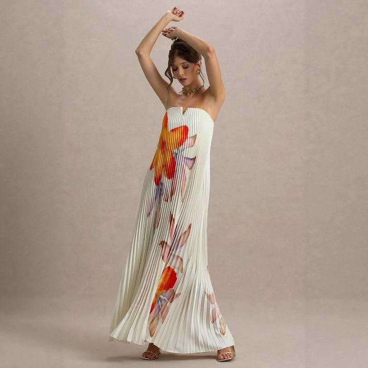 Elegant pleated dresses for women with floral design and strapless neckline Chic & Stil