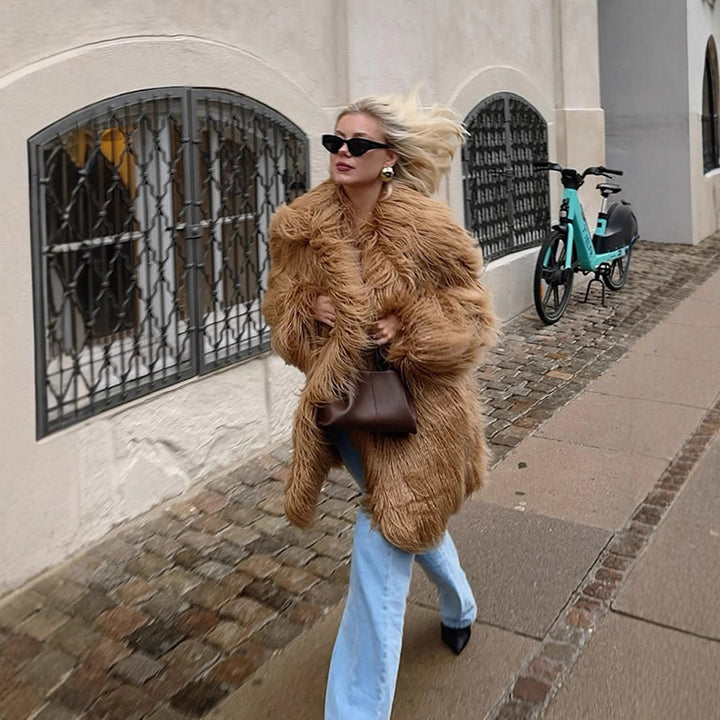 Women's Oversized Shaggy Faux Fur Coat with Long Pile Texture and Concealed Button Placket Amarae