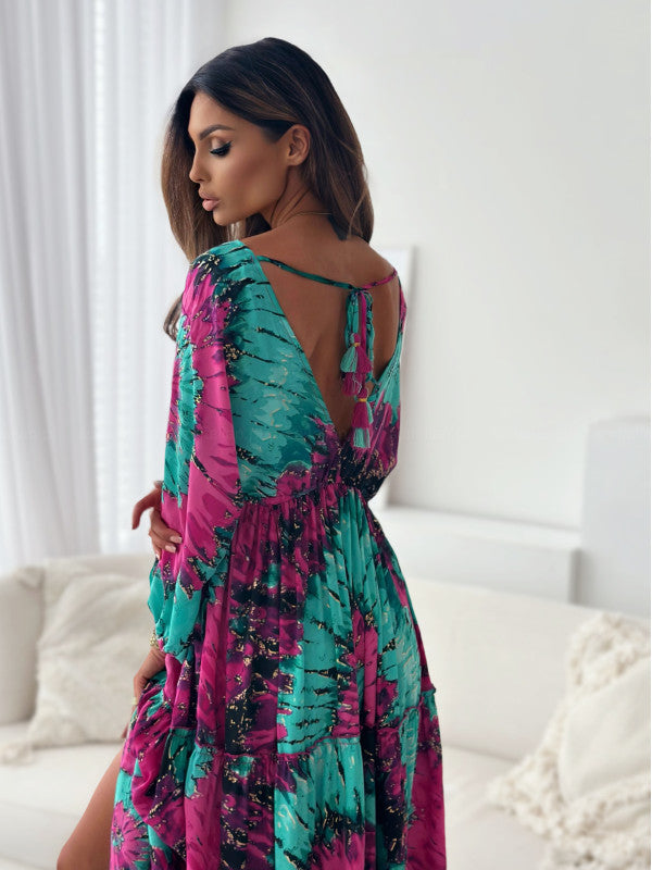 Maxi dress for women with an elegant back neckline and wide ruffled sleeves Lune London