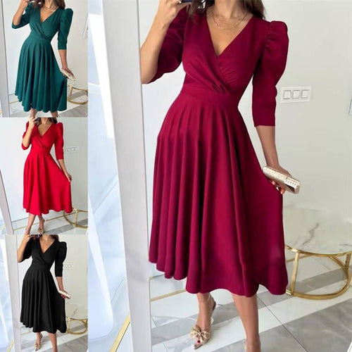 Amarae A-line festive dress for women with puff sleeves and V-neck