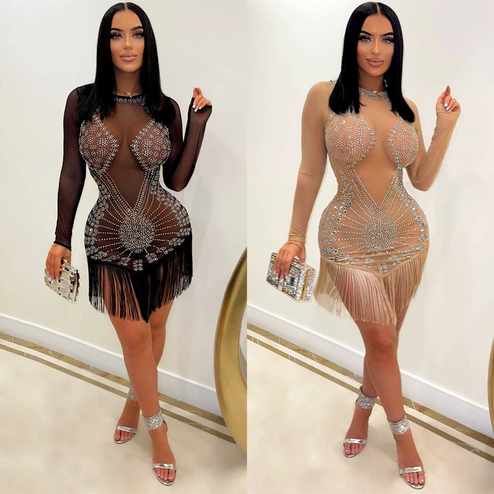 Fringed mini dress adorned with crystals for women Lune London