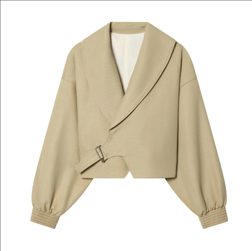 Women's short jacket with wide sailor collar, balloon sleeves, and asymmetrical buckle closure Amarae