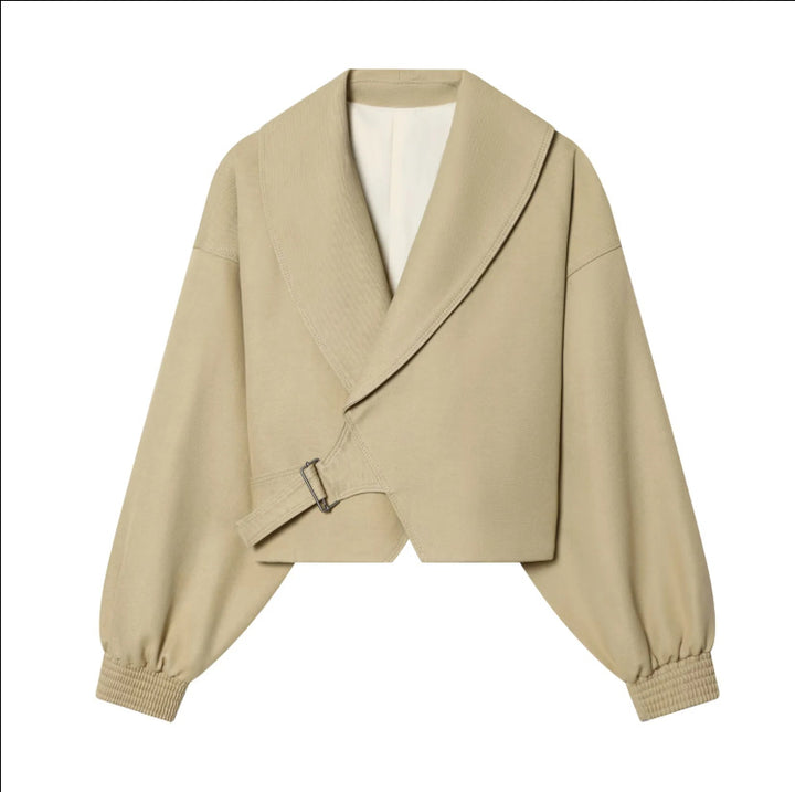 Women's short jacket with wide sailor collar, balloon sleeves, and asymmetrical buckle closure Amarae