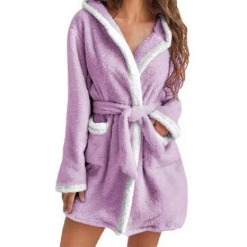 Ladies Cozy Fleece Bathrobe with Hood and Practical Pockets Lune London