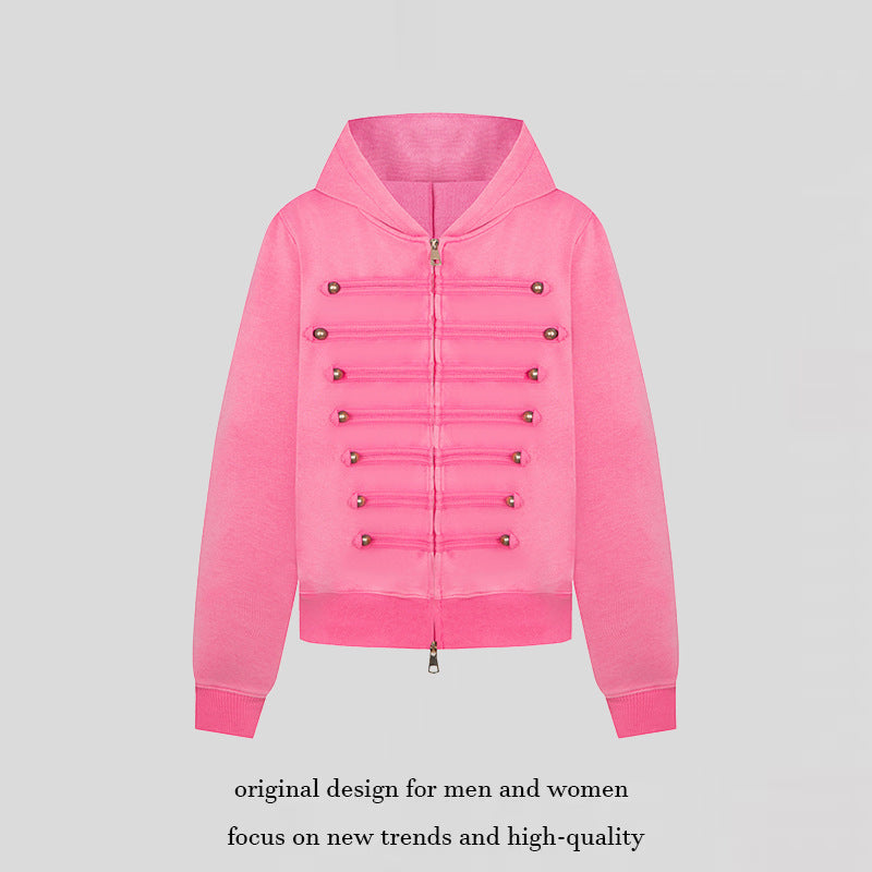 Ladies hooded sweat jacket in military style with decorative cords and metal buttons Amarae