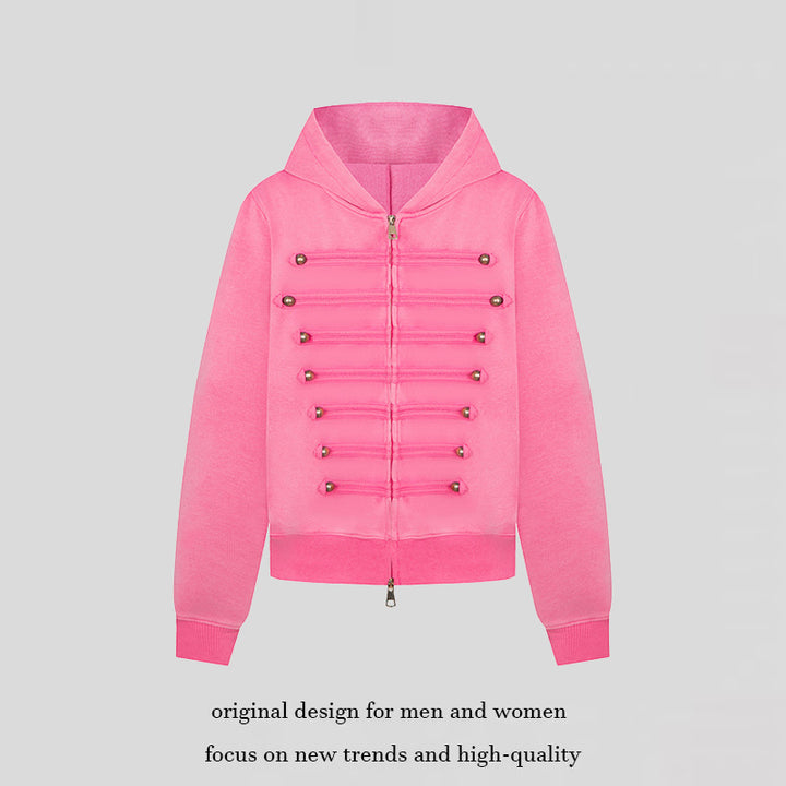Ladies hooded sweat jacket in military style with decorative cords and metal buttons Amarae