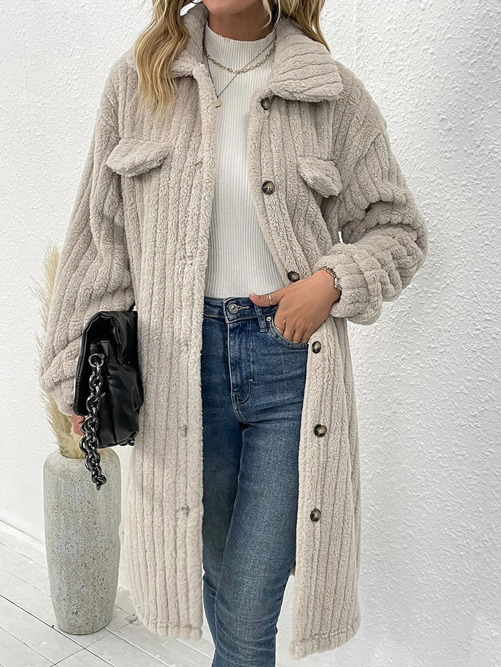 Ladies long soft coat with textured design and patch pockets Lune London