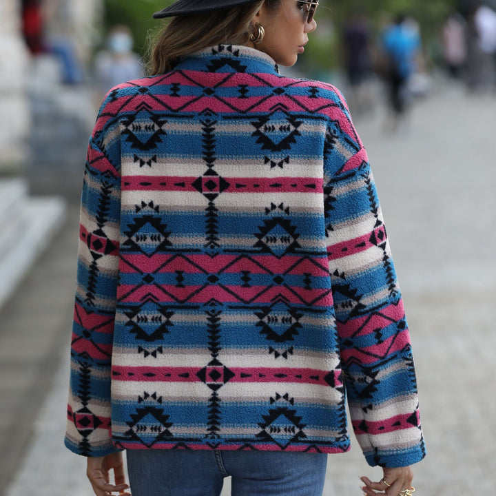 Women's polar jacket in boho style with unique geometric pattern and large buttons Lune London