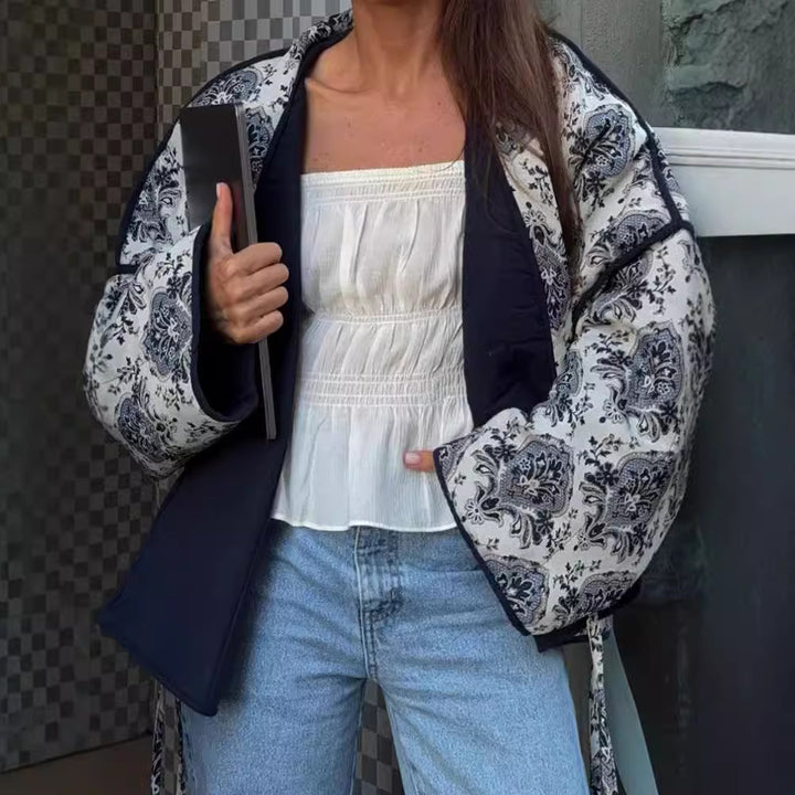 Women's Padded Kimono Jacket with Ornamental Print, Contrasting Trim and Waist Belt Amarae