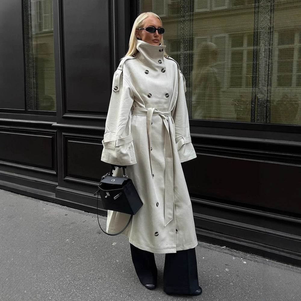 Women’s Long Trench Coat with High Standing Collar, Double-Breasted Button Placket and Wide Cuffs Amarae
