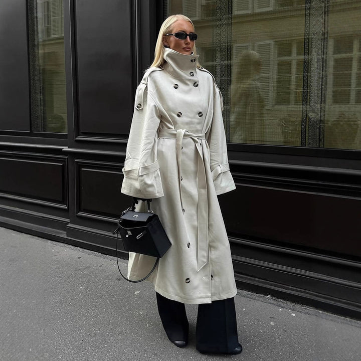 Women’s Long Trench Coat with High Standing Collar, Double-Breasted Button Placket and Wide Cuffs Amarae