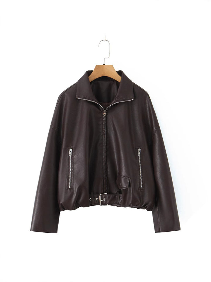 Ladies stylish faux leather jacket with belt Lune London
